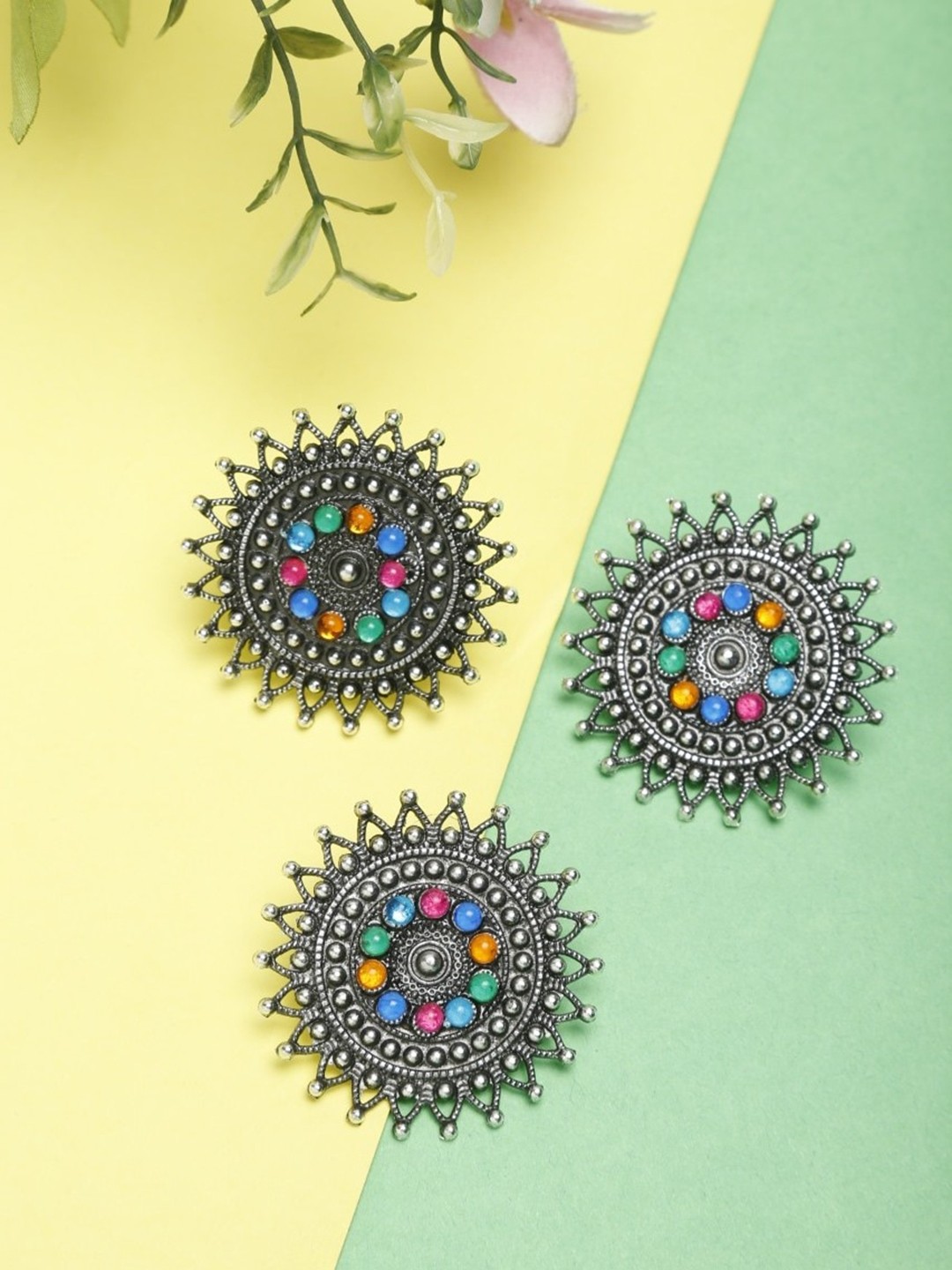 

NEUDIS Silver-Plated Blue & Pink Stone-Studded Tribal Antique Jewellery Set