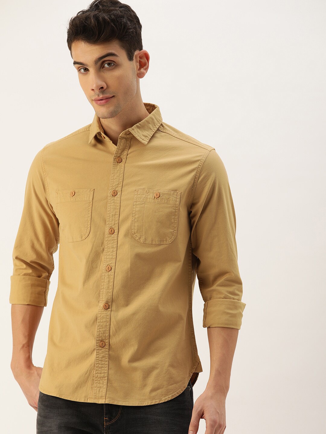 

IVOC Men Khaki Pure Cotton Casual Shirt