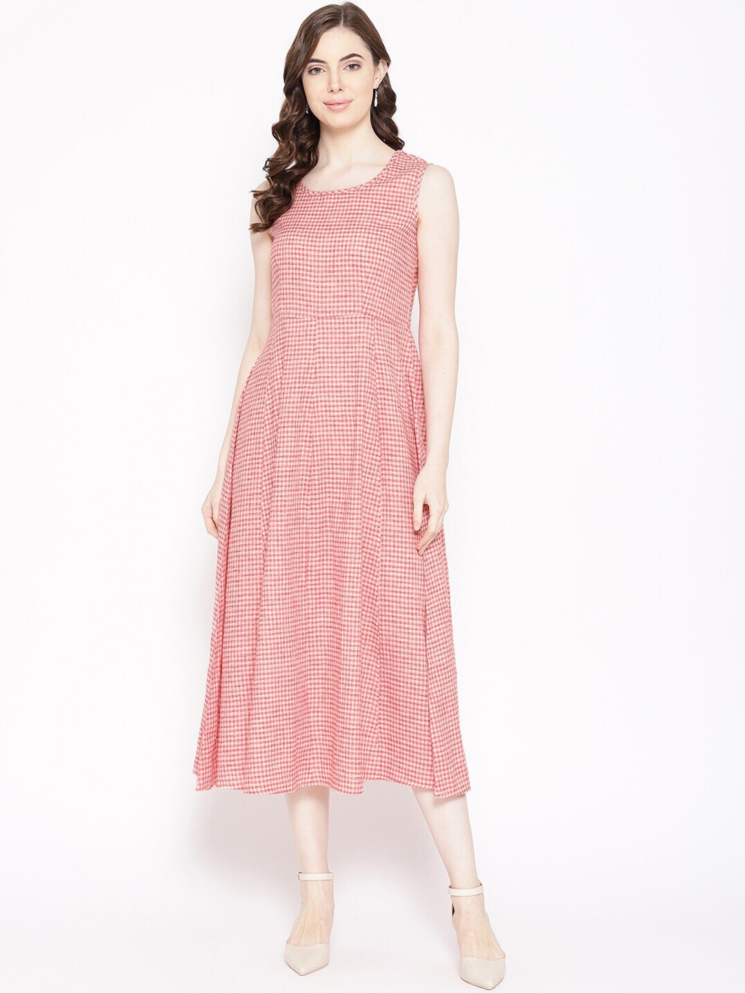 

Be Indi Red Checked A-Line Midi Dress With Embroidered Jacket