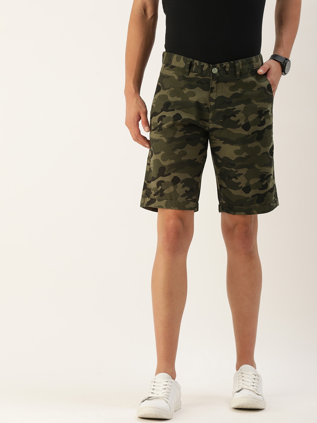 

IVOC Men Olive Green Camouflage Printed Slim Fit Mid-Rise Pure Cotton Chino Shorts