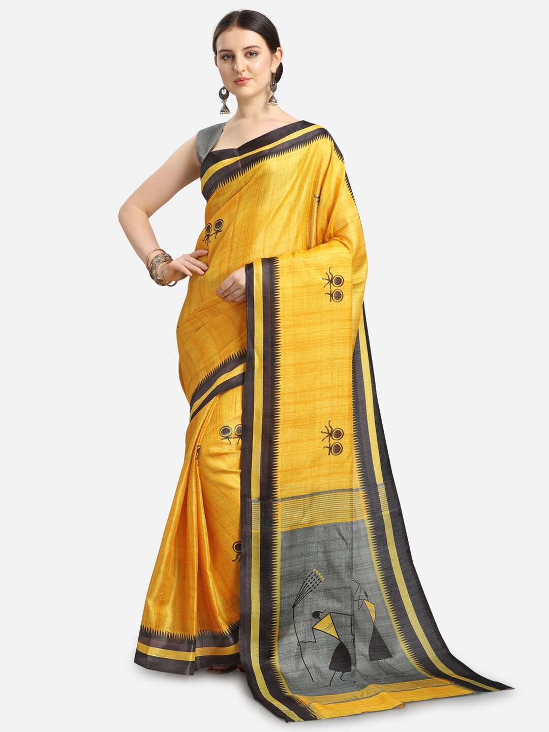 

KALINI Yellow & Black Warli Art Silk Fusion Saree