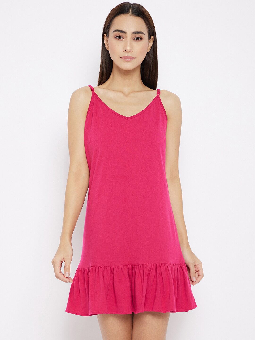 

Hypernation Women Fuchsia Solid Pure Cotton Knitted Flared Mini Night Dress