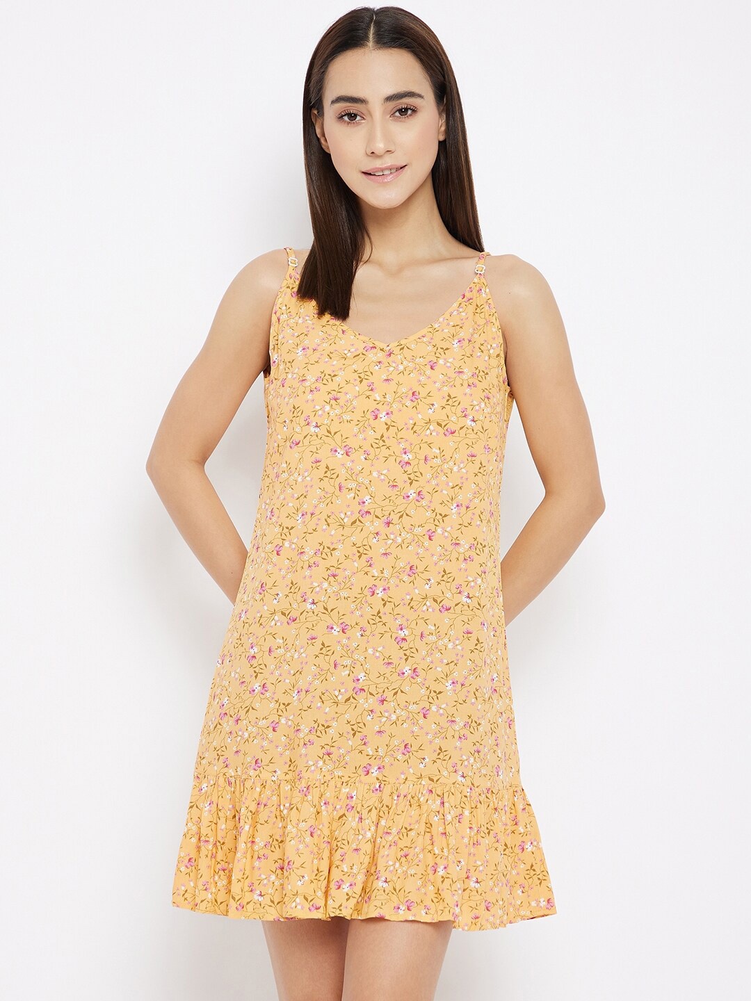 

Hypernation Women Yellow Floral Printed Rayon Nightdress