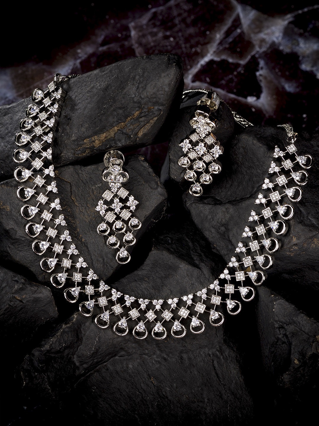 

Saraf RS Jewellery Silver-Plated White AD & CZ-Studded Jewellery Set