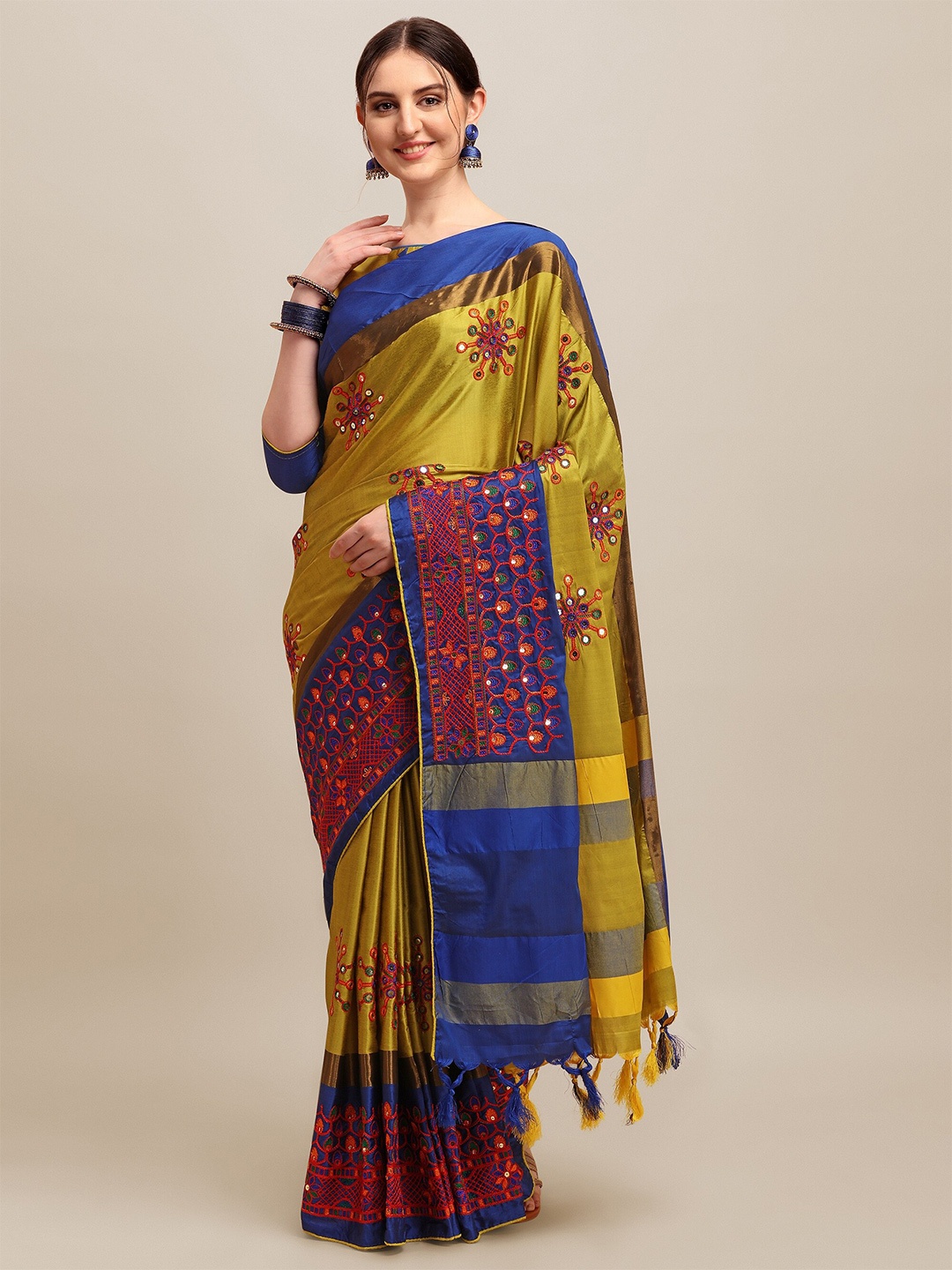 

RAJGRANTH Yellow & Blue Floral Sequinned Silk Cotton Heavy Work Saree