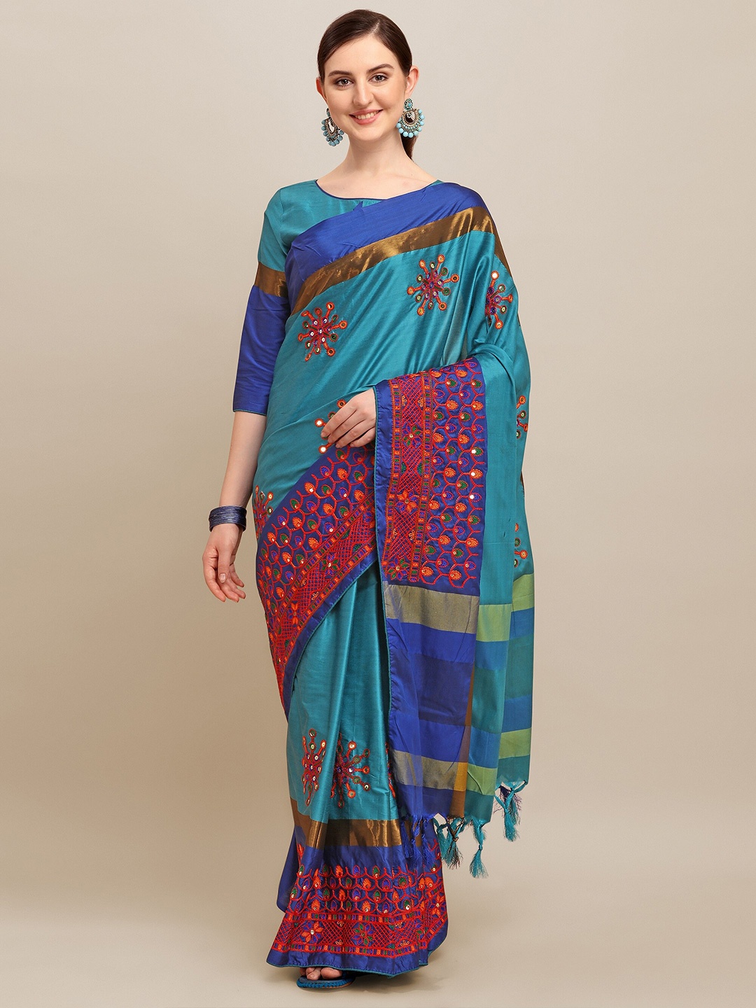 

RAJGRANTH Blue & Red Floral Sequinned Silk Cotton Heavy Work Saree