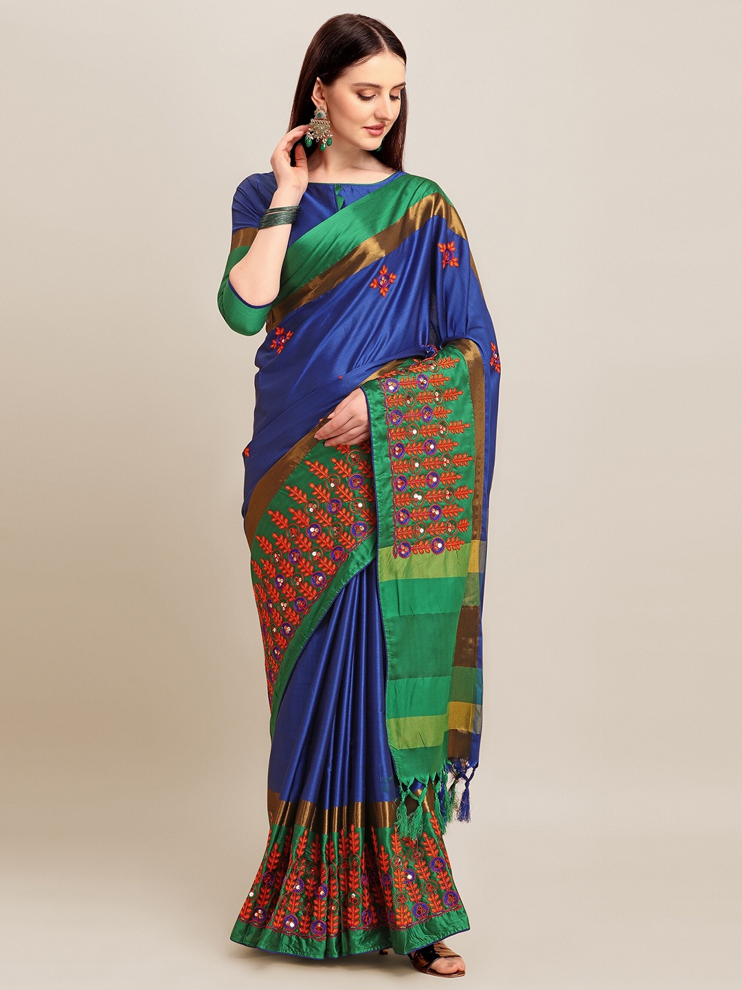 

RAJGRANTH Blue & Green Floral Sequinned Silk Cotton Heavy Work Saree