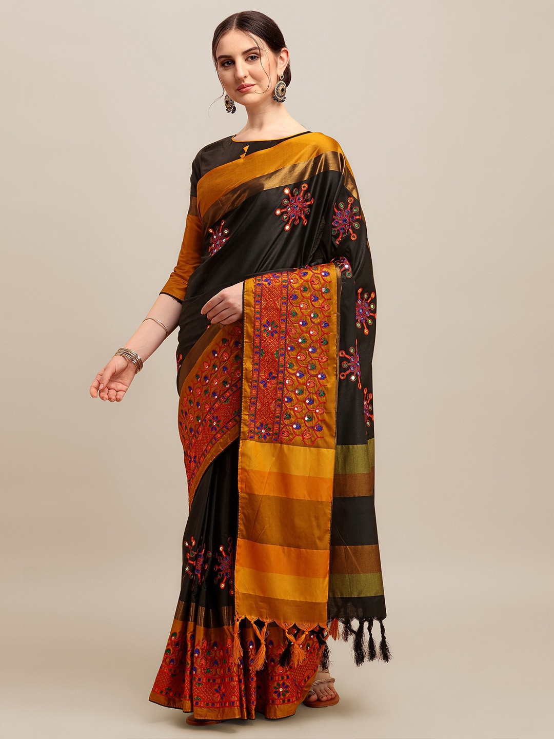 

RAJGRANTH Black & Yellow Floral Sequinned Silk Cotton Heavy Work Saree