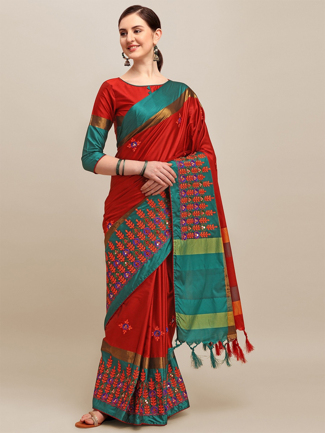 

RAJGRANTH Red & Teal Green Floral Sequinned Silk Cotton Heavy Work Saree