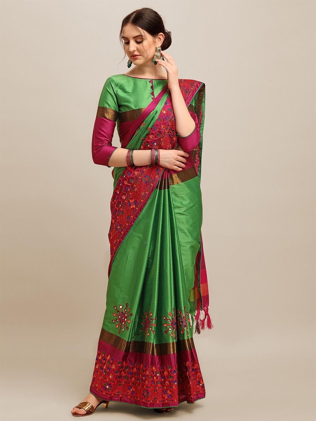 

RAJGRANTH Green & Red Floral Sequinned Silk Cotton Heavy Work Saree