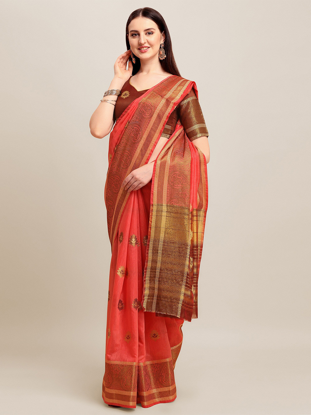 

RAJGRANTH Red & Gold-Toned Ethnic Motifs Zari Linen Cotton Silk Saree