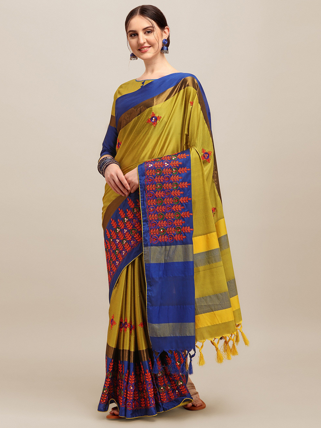 

RAJGRANTH Yellow & Blue Floral Sequinned Silk Cotton Heavy Work Saree