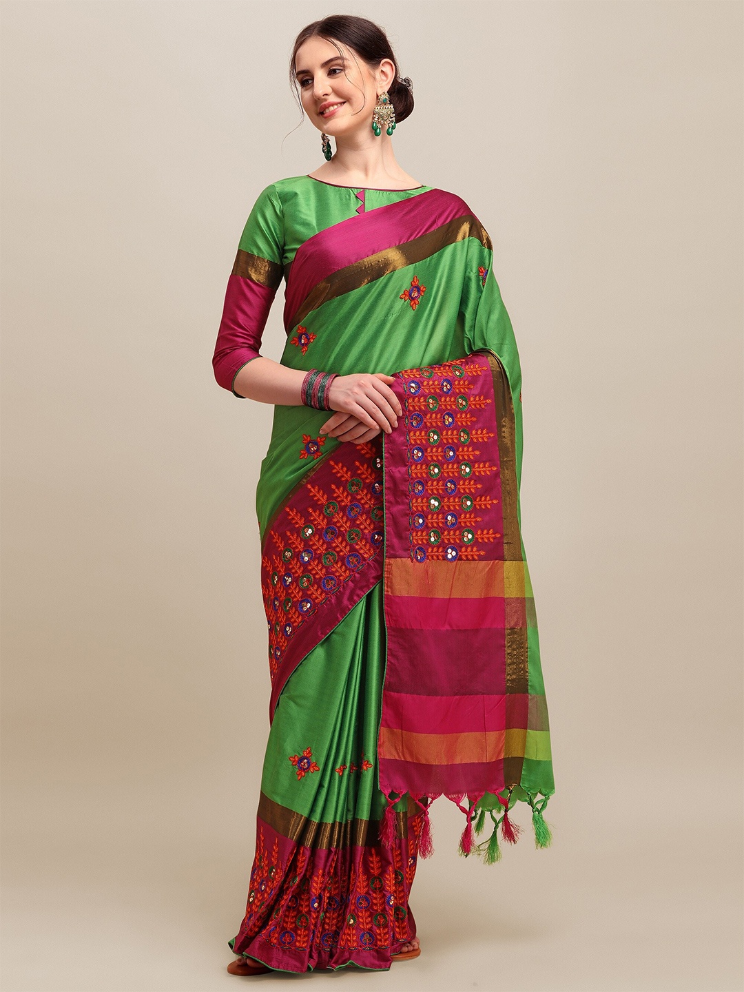 

RAJGRANTH Green & Red Floral Sequinned Silk Cotton Heavy Work Saree