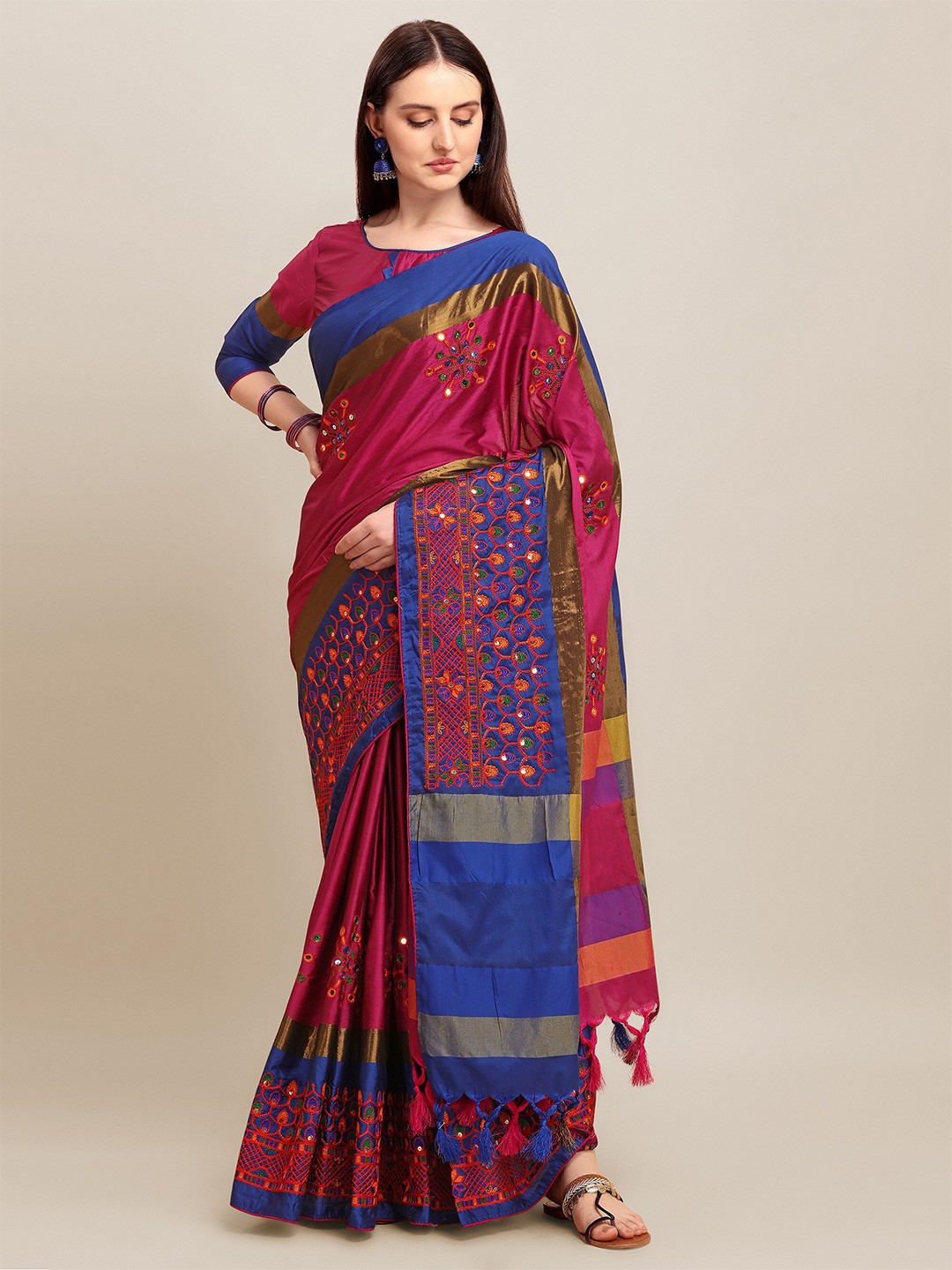 

RAJGRANTH Pink & Blue Floral Sequinned Silk Cotton Heavy Work Saree