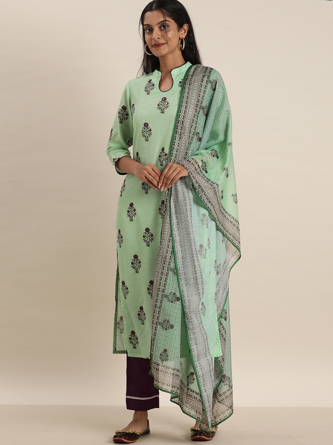 

Sangria Women Sea Green & Burgundy Ethnic Motifs Printed Kurta with Trousers & With Dupatta