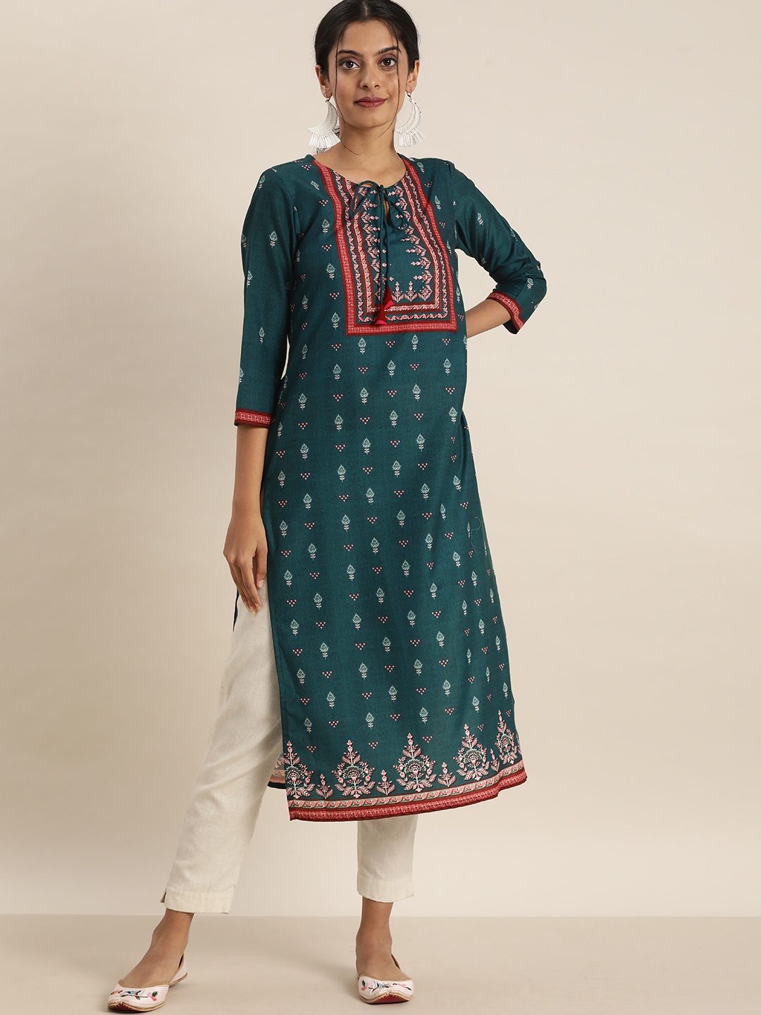 

Sangria Women Teal Green & Pink Ethnic Motifs Printed Keyhole Neck Kurta