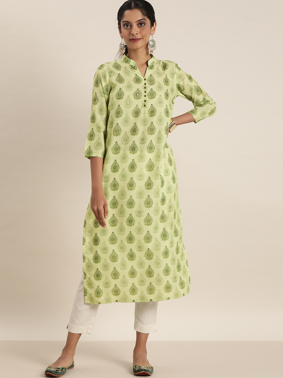 

Sangria Women Green Ethnic Motifs Printed Kurta with sequence Detail