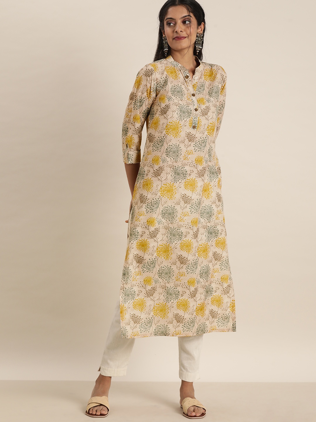 

Sangria Women Cream-Coloured & Mustard Yellow Ethnic Motifs Printed Kurta