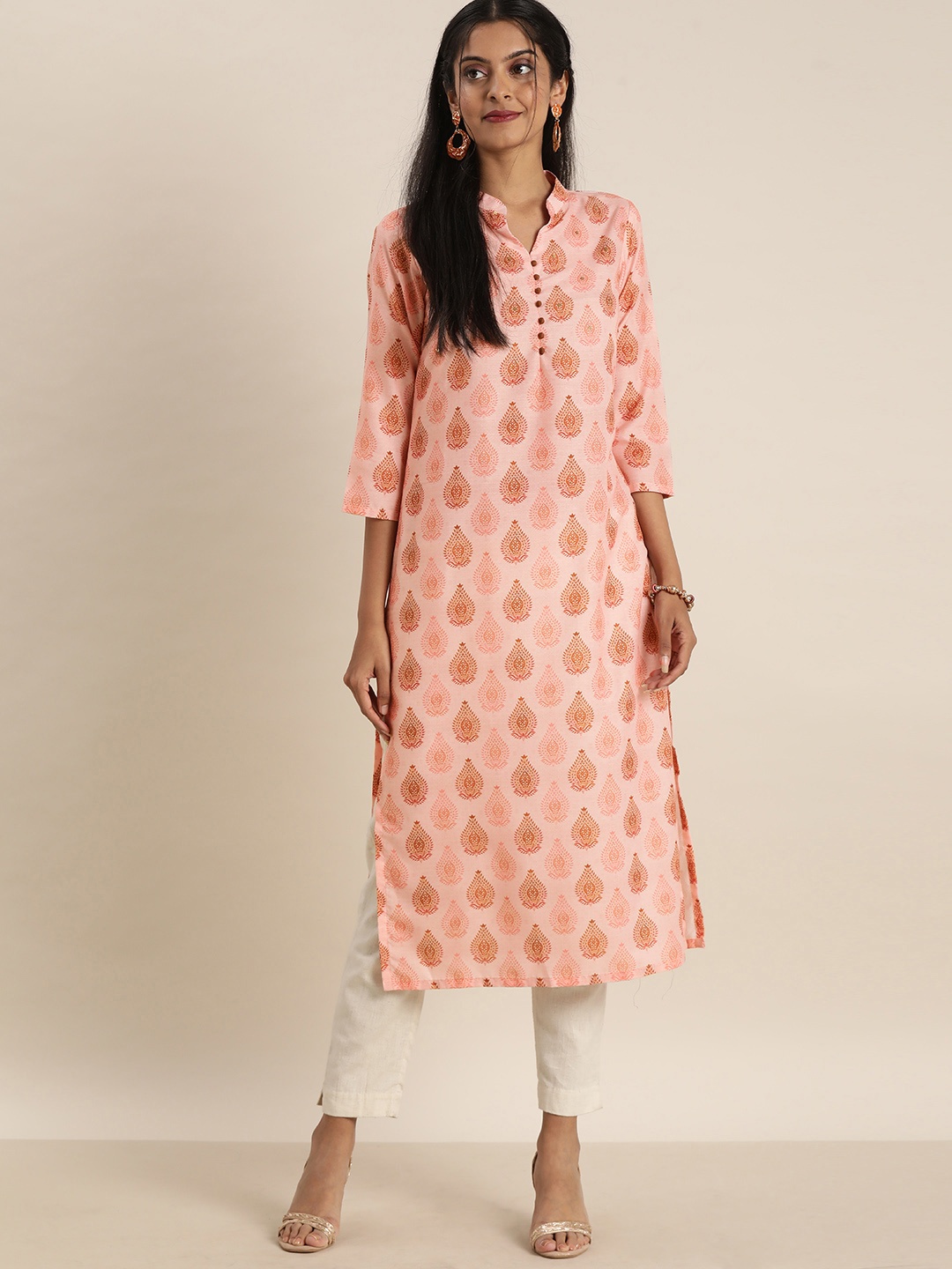 

Sangria Women Peach-Coloured Ethnic Motifs Printed Block Print Kurta