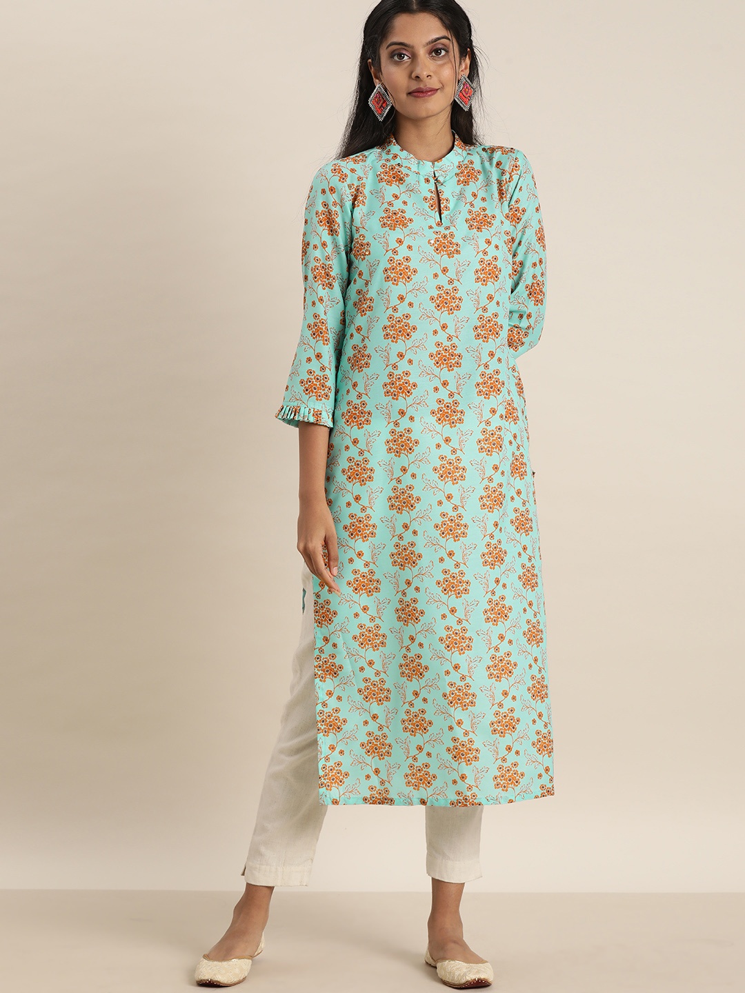 

Sangria Women Blue & Orange Floral Printed Kurta