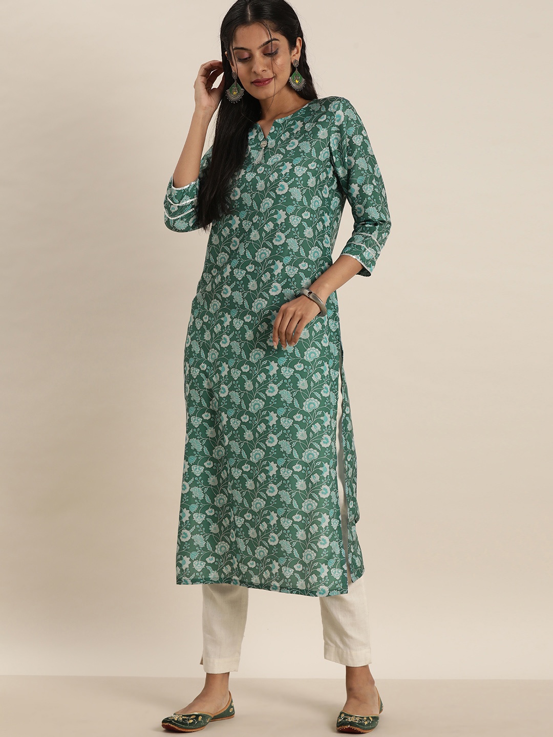 

Sangria Women Olive Green & Grey Floral Printed Gotta Patti Kurta