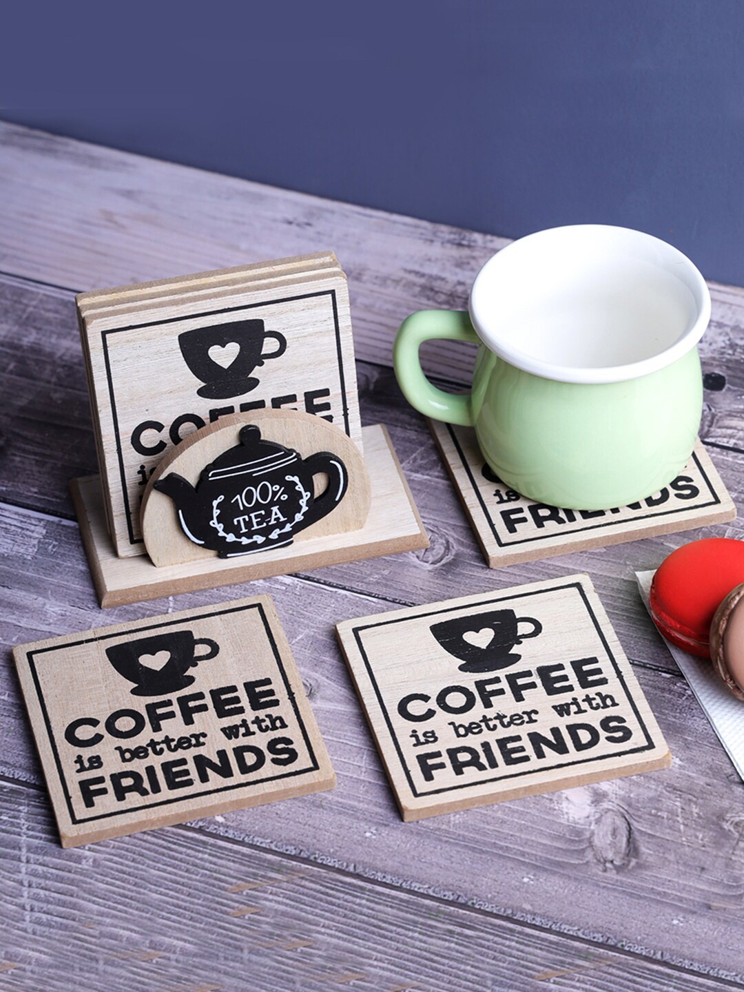 

A Vintage Affair- Home Decor Set Of 6 Beige & Black Printed Wooden Coasters
