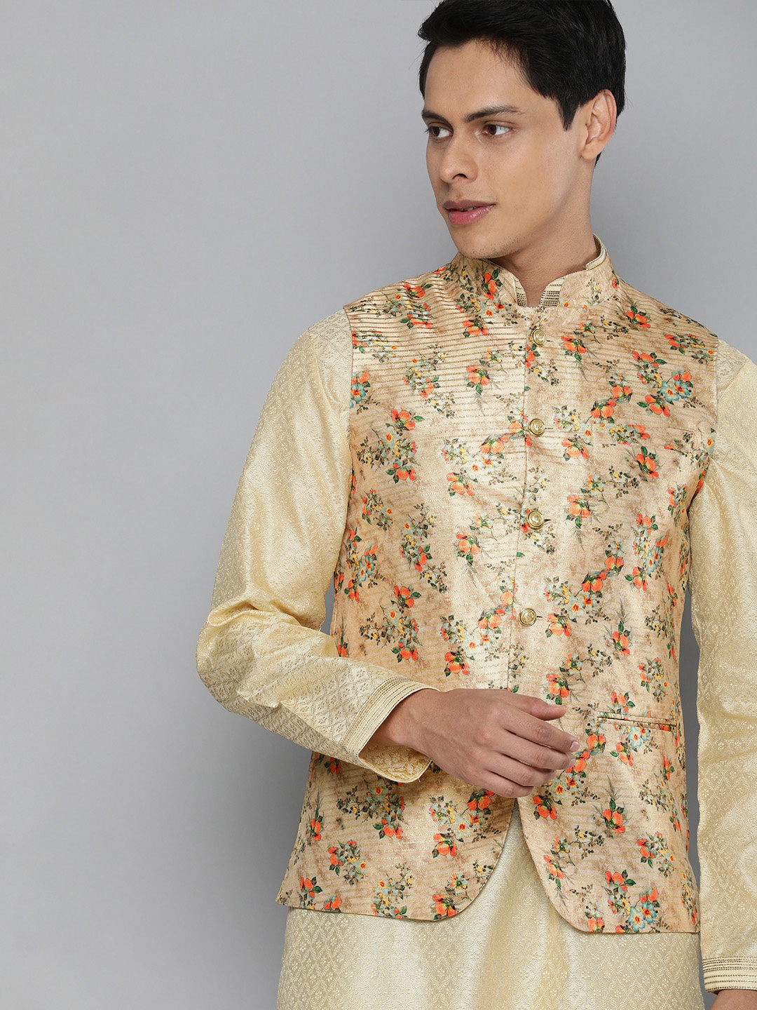 

The Indian Garage Co Men Golden & Orange Floral Printed Nehru Jacket, Gold