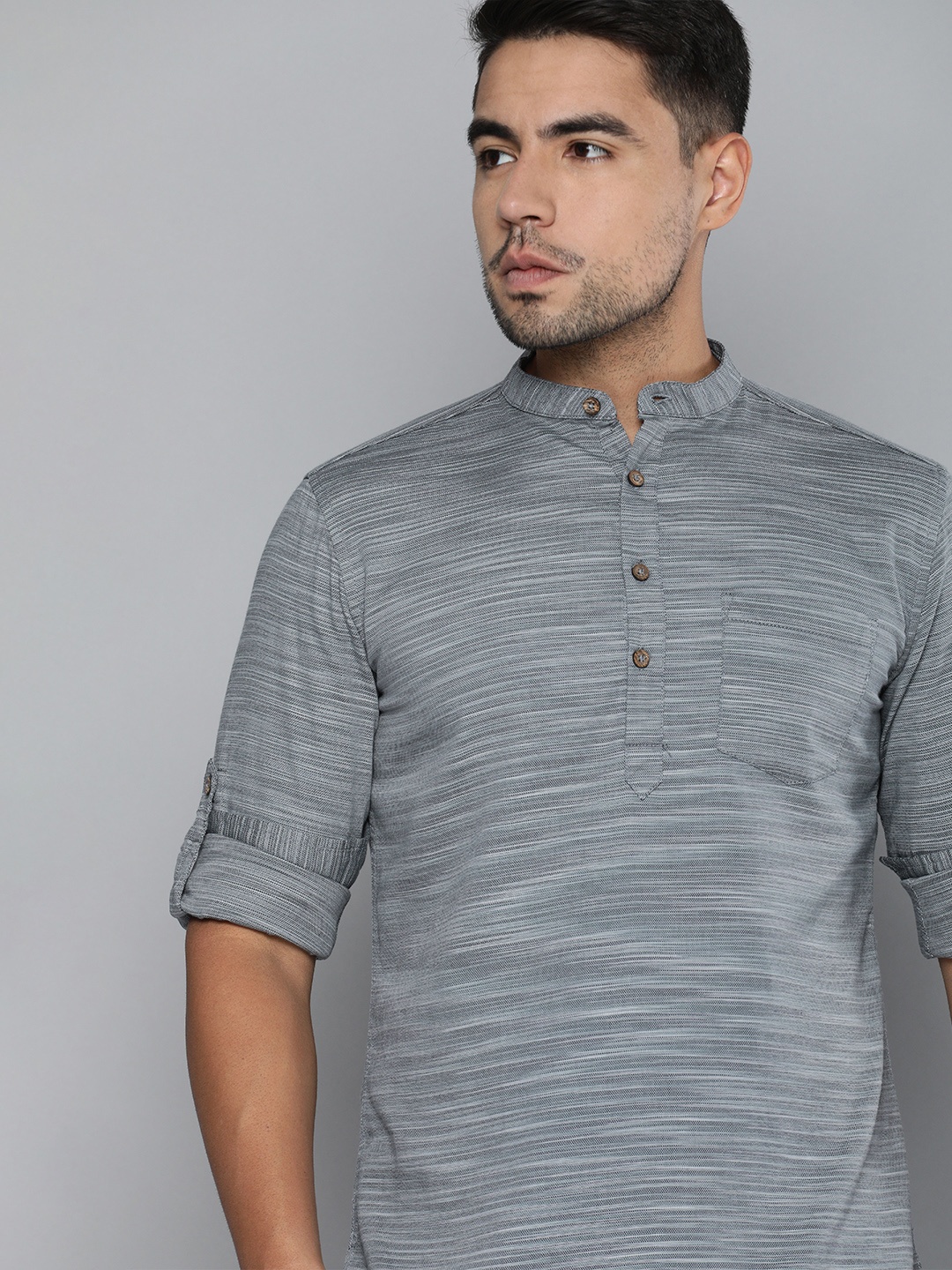 

The Indian Garage Co Men Grey Striped Kurta