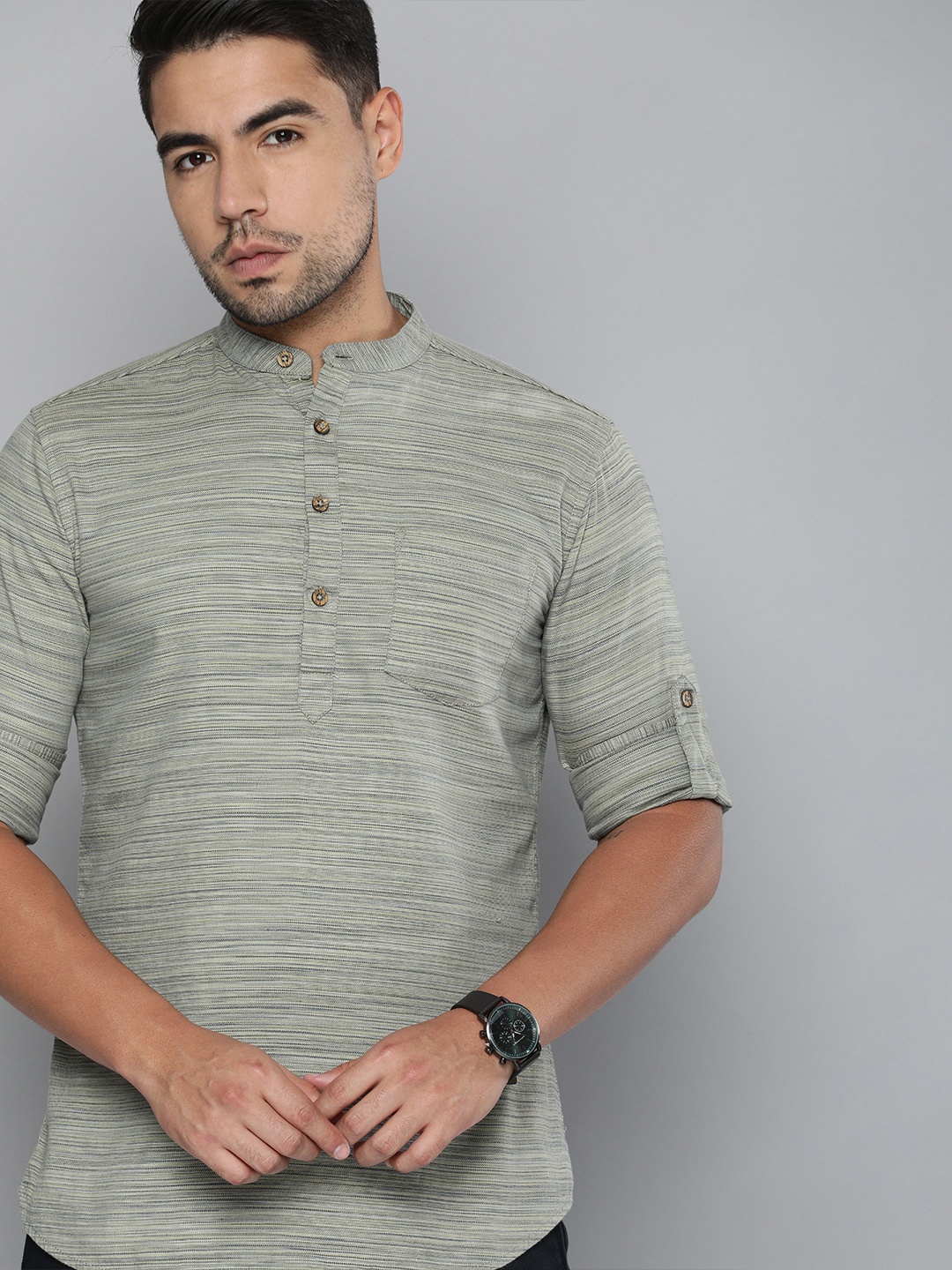 

The Indian Garage Co Men Grey Striped Kurta