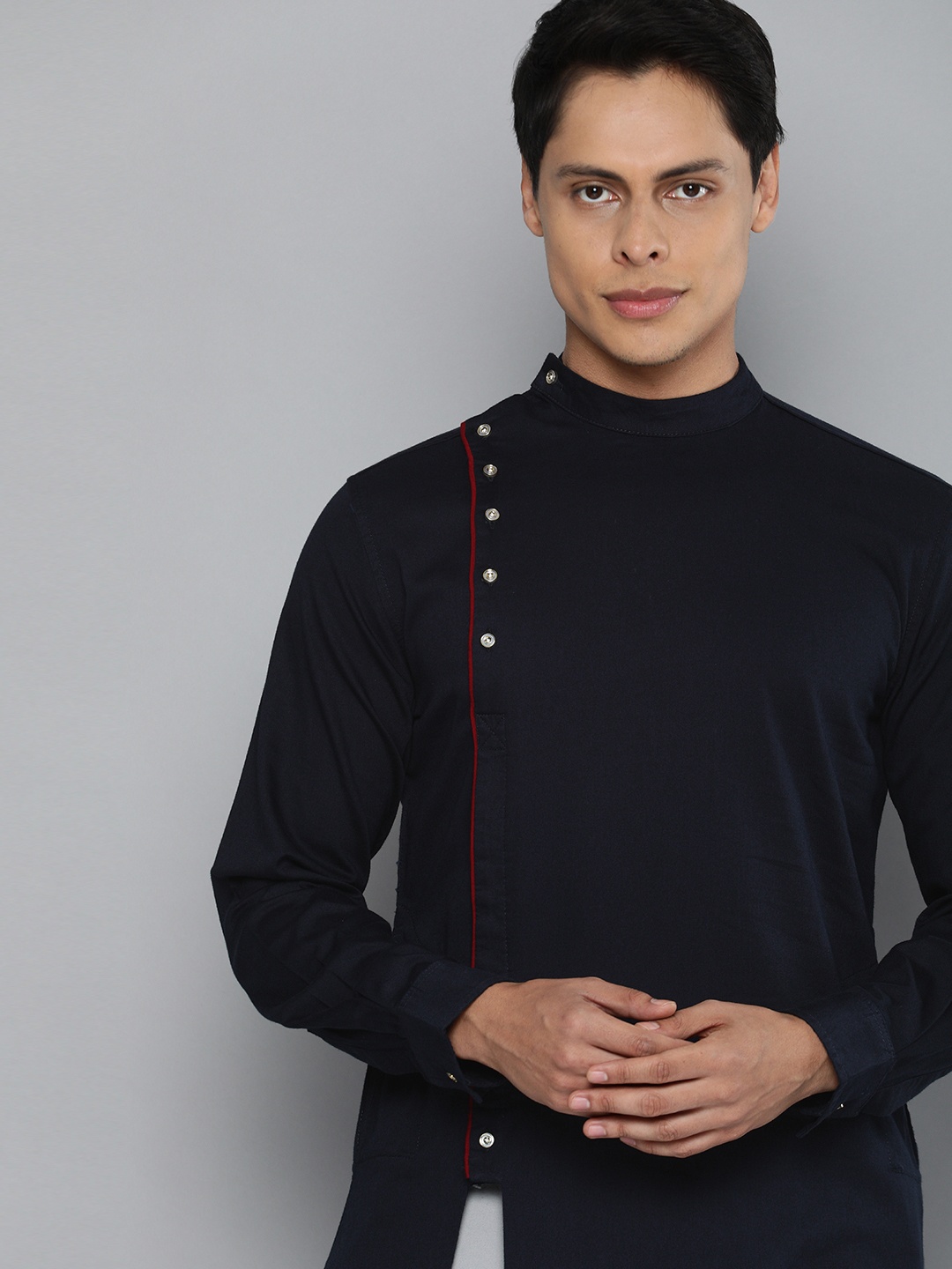 

The Indian Garage Co Men Navy Blue Solid Pure Cotton Assymetric Hem Angrakha Kurta