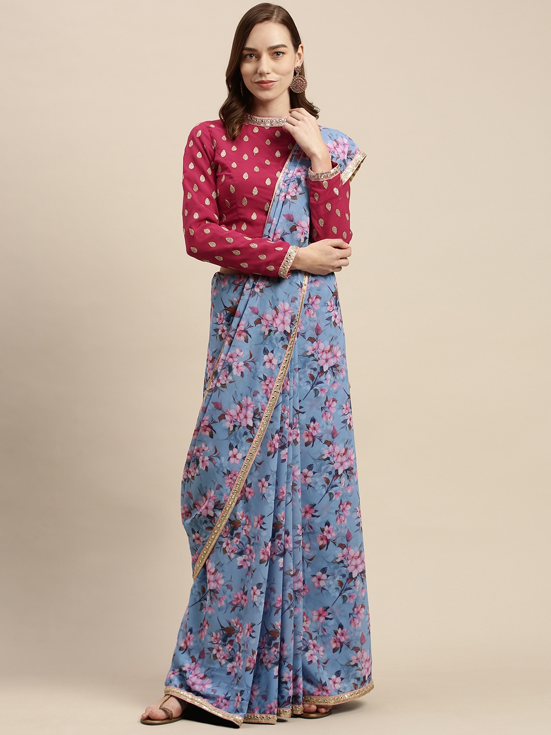 

Ethnovog Blue Magenta Floral Zari Banarasi Saree