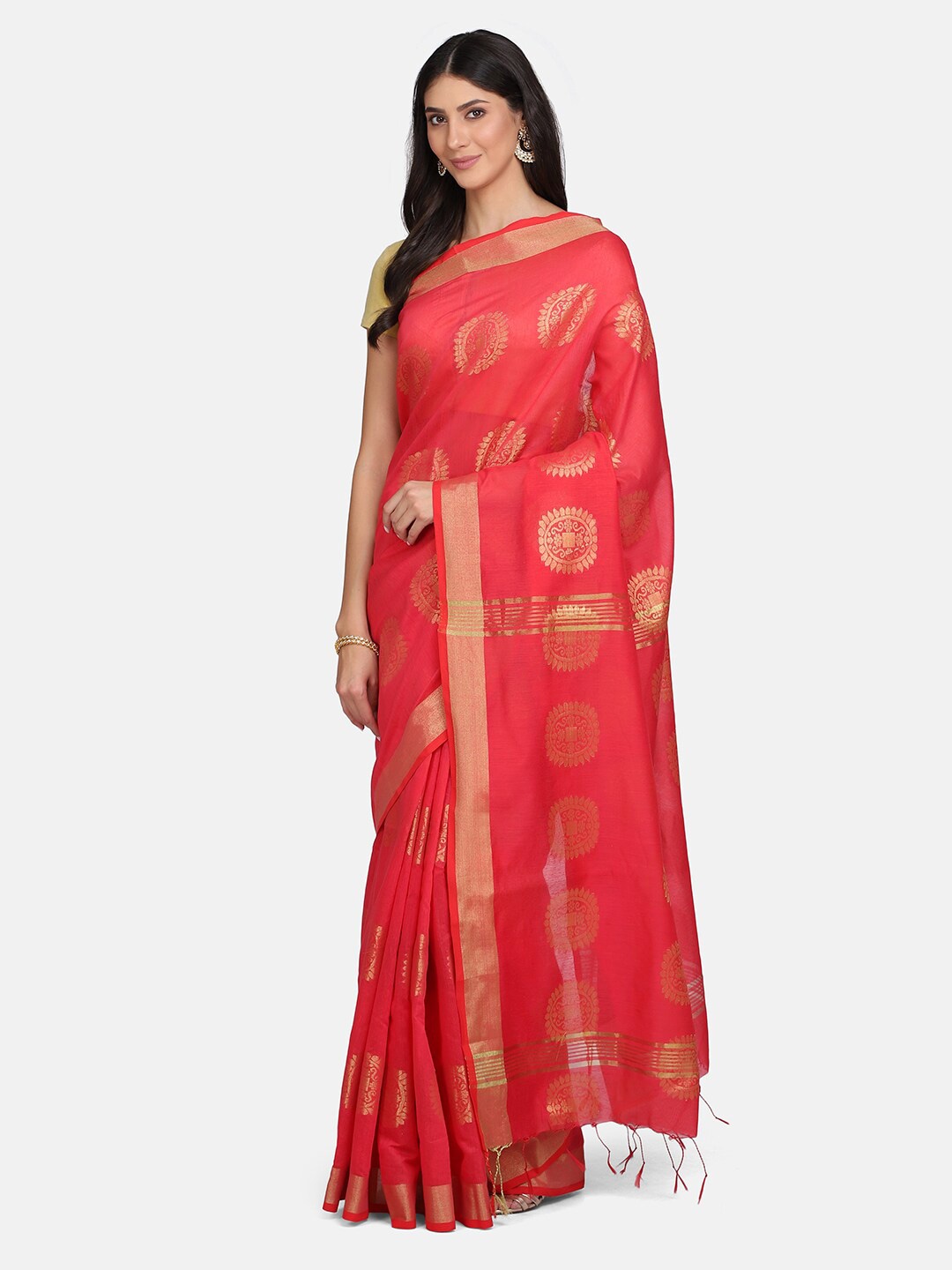 

Mirraw Pink & Gold-Toned Ethnic Motifs Zari Silk Cotton Saree