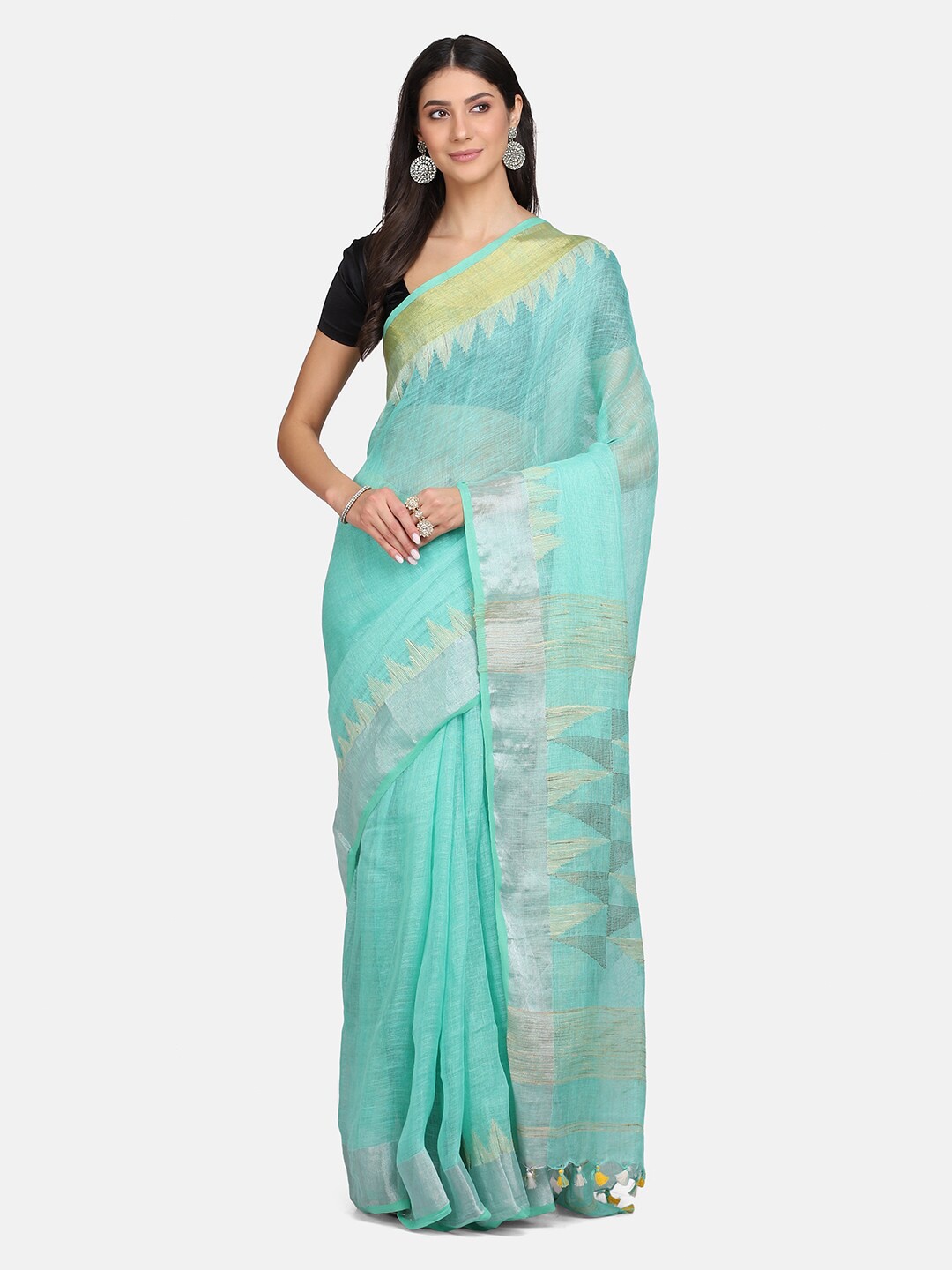 

Mirraw Blue & Silver-Toned Zari Pure Linen Jamdani Saree