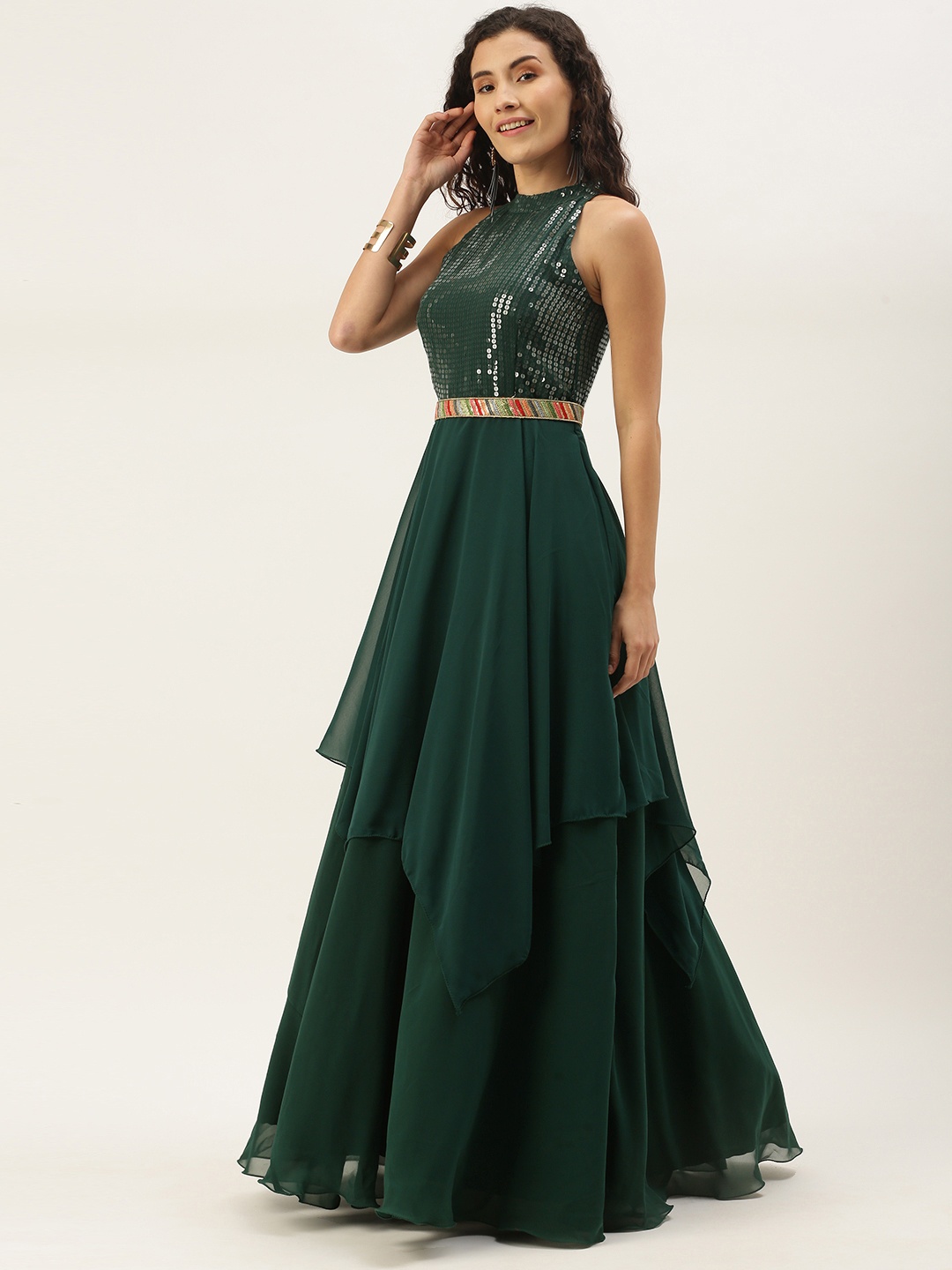 

Ethnovog Green Halter Neck Georgette Ethnic Maxi Dress