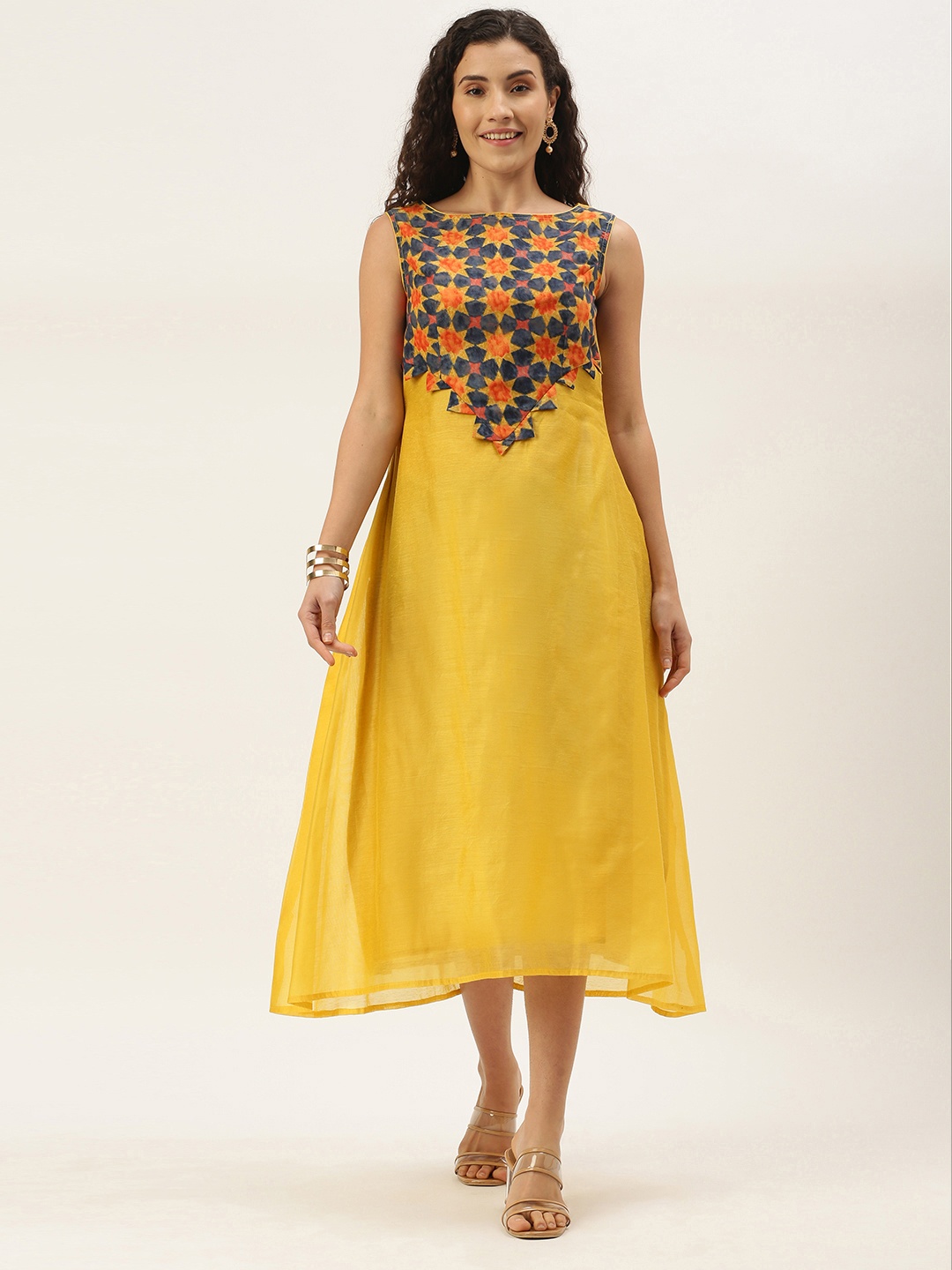 

Ethnovog Yellow Floral Embroidered Ethnic A-Line Midi Dress