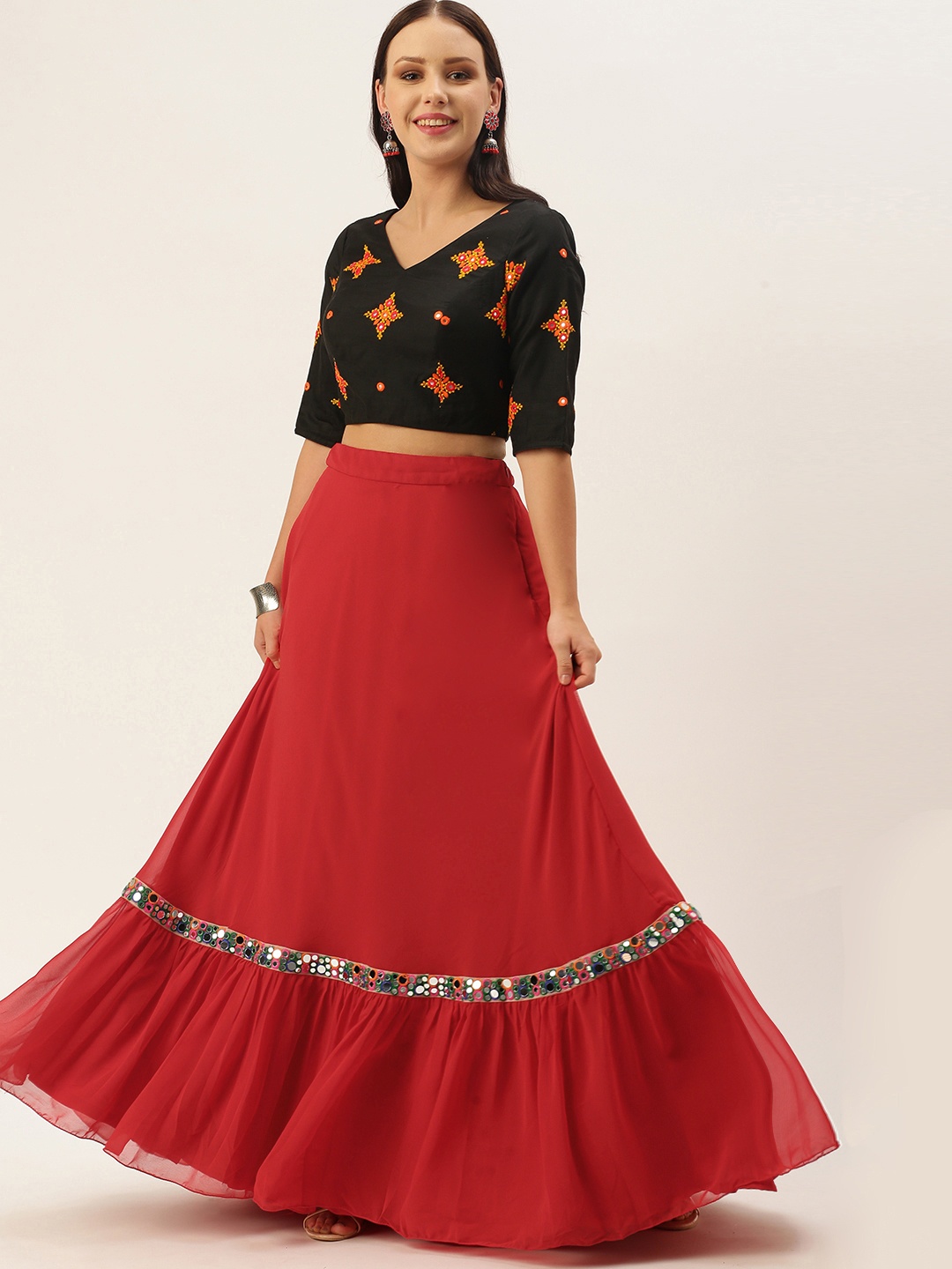 

Ethnovog Red Black Embroidered Mirror Work Made to Measure Lehenga