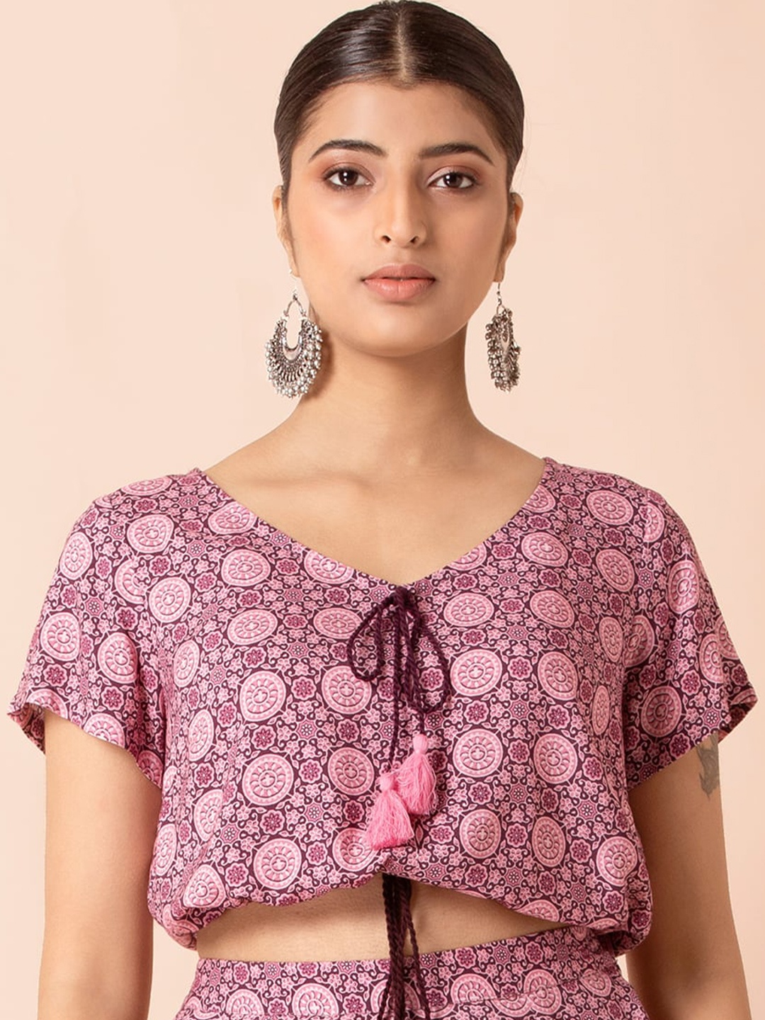 

INDYA Pink Floral Drawstring Crop Top
