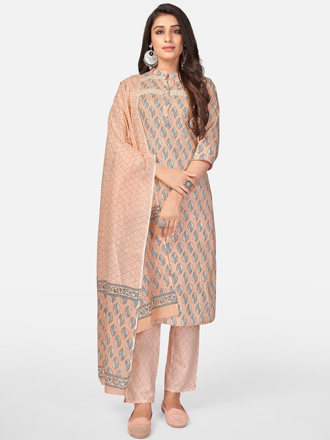 

Vbuyz Women Peach-Coloured Ethnic Motifs Printed Pure Cotton Kurta with Palazzos & With Dupatta