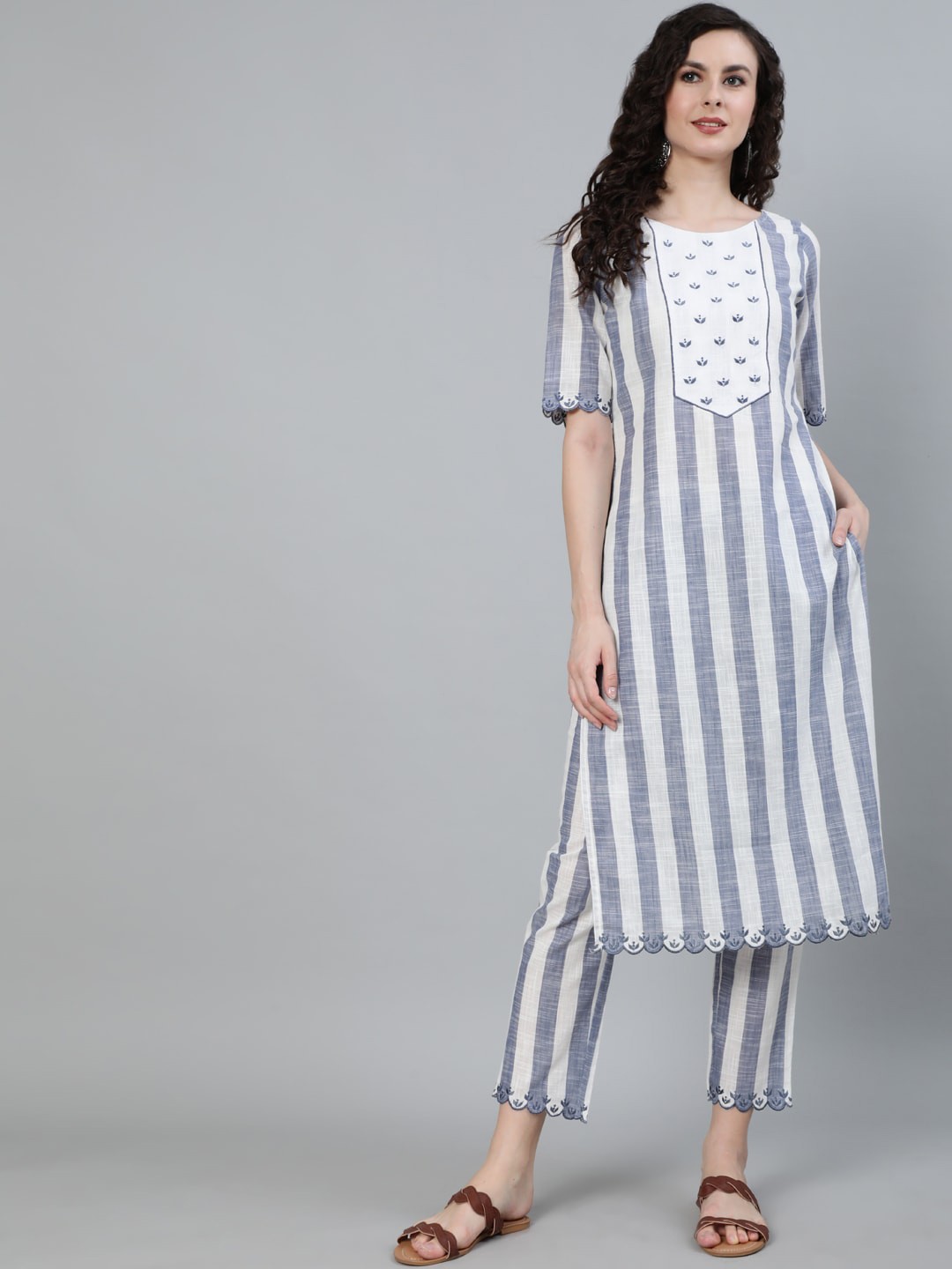 

Jaipur Kurti Women White Striped Pleated Kurti with Trousers