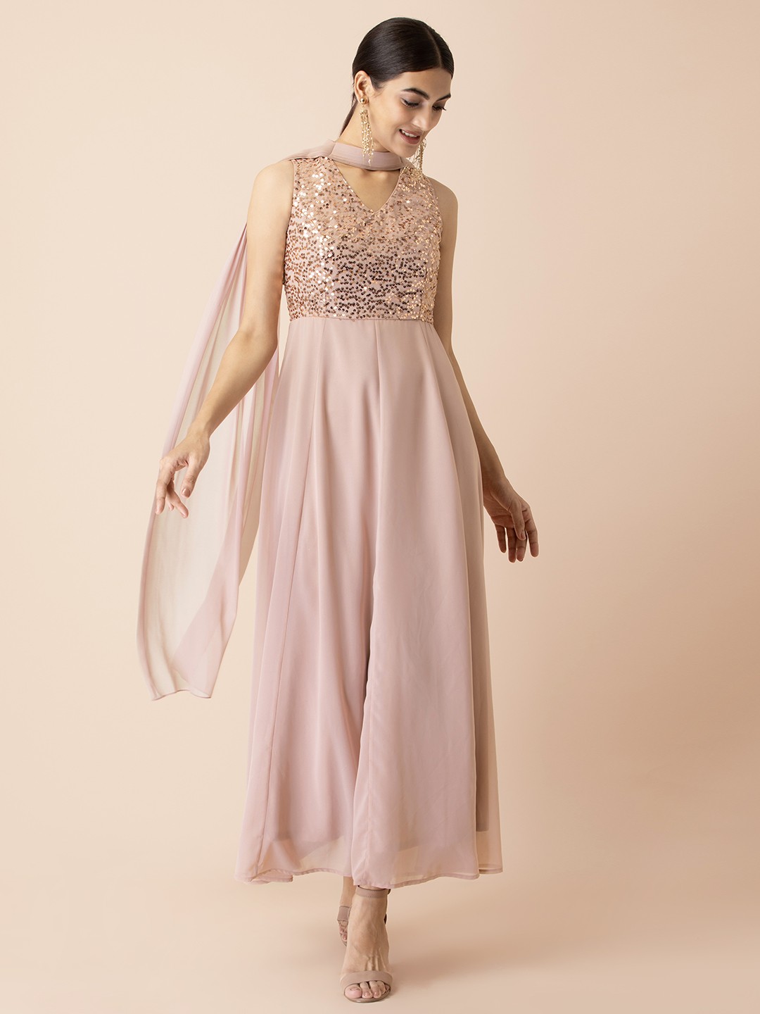 

INDYA Pink Georgette Ethnic Maxi Dress