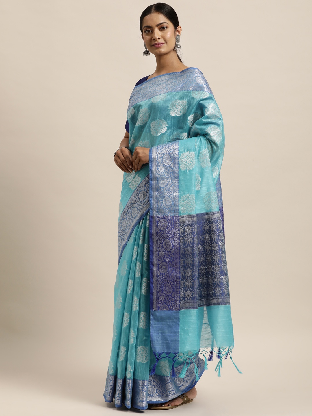 

aamna Blue & Silver-Toned Ethnic Motifs Zari Art Silk Kanjeevaram Saree