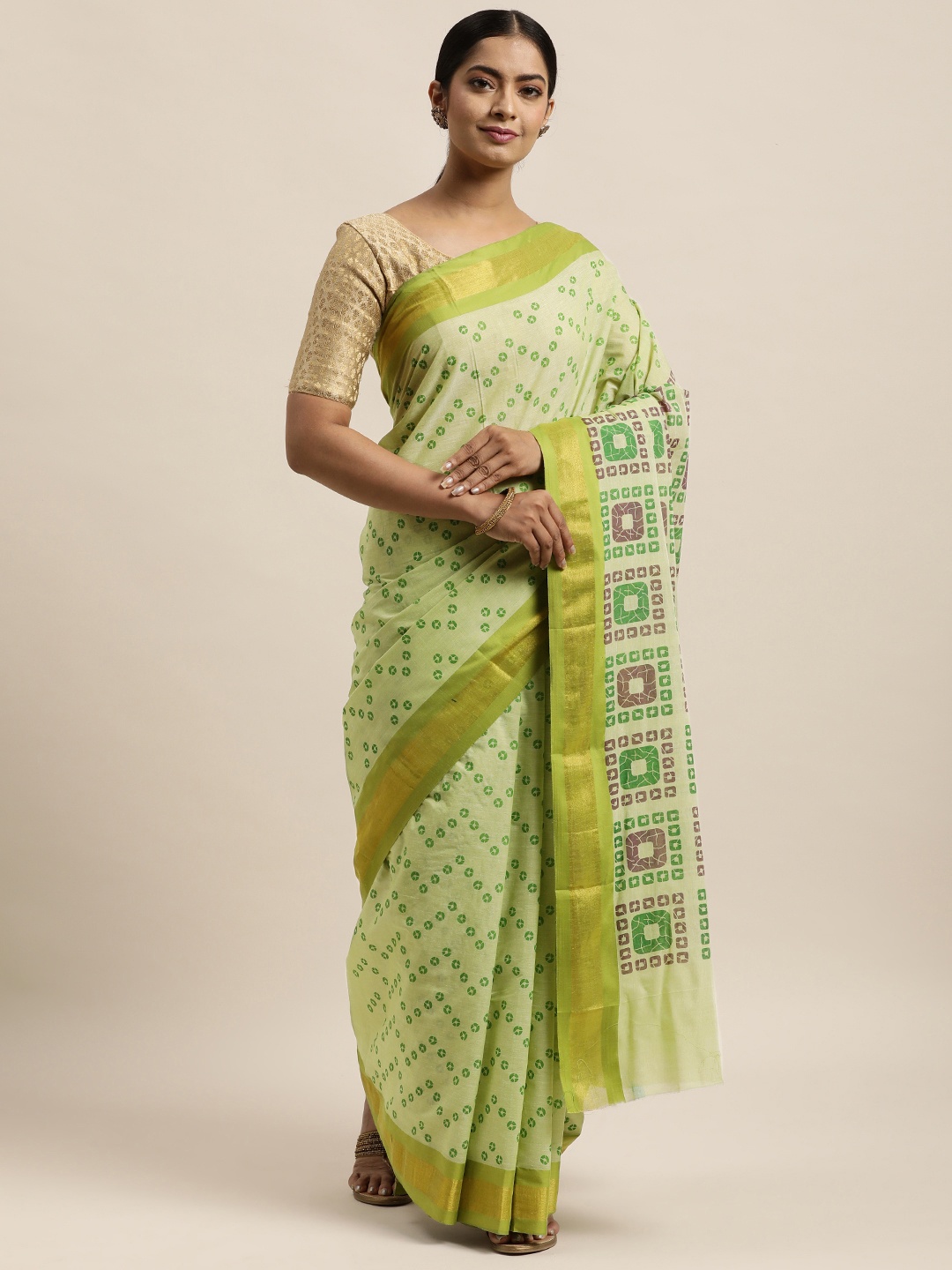 

aamna Green Bandhani Pure Cotton Gadwal Saree