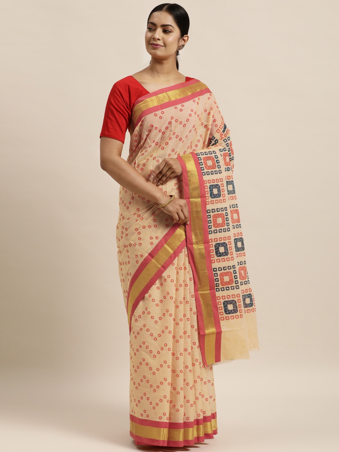 

aamna Cream-Coloured & Red Bandhani Pure Cotton Saree