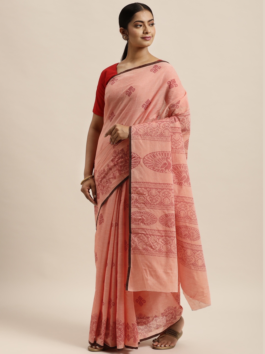 

aamna Peach-Coloured Printed Pure Cotton Saree