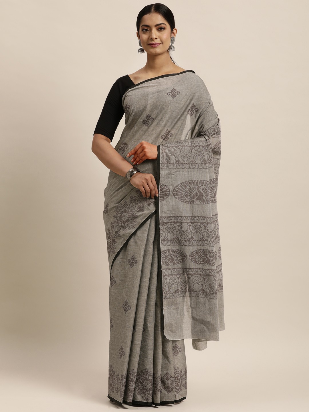 

aamna Grey Ethnic Motifs Pure Cotton Saree