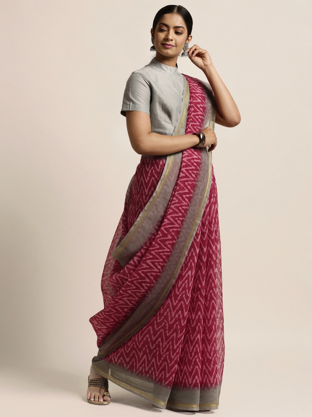 

aamna Pink Silk Cotton Printed Sustainable Ikat Saree