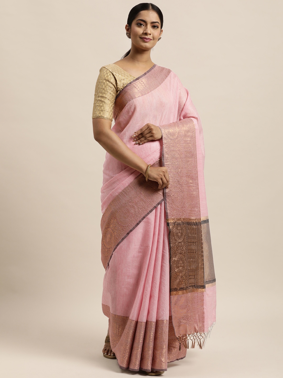 

aamna Pink & Gold-Toned Tissue Banarasi Saree