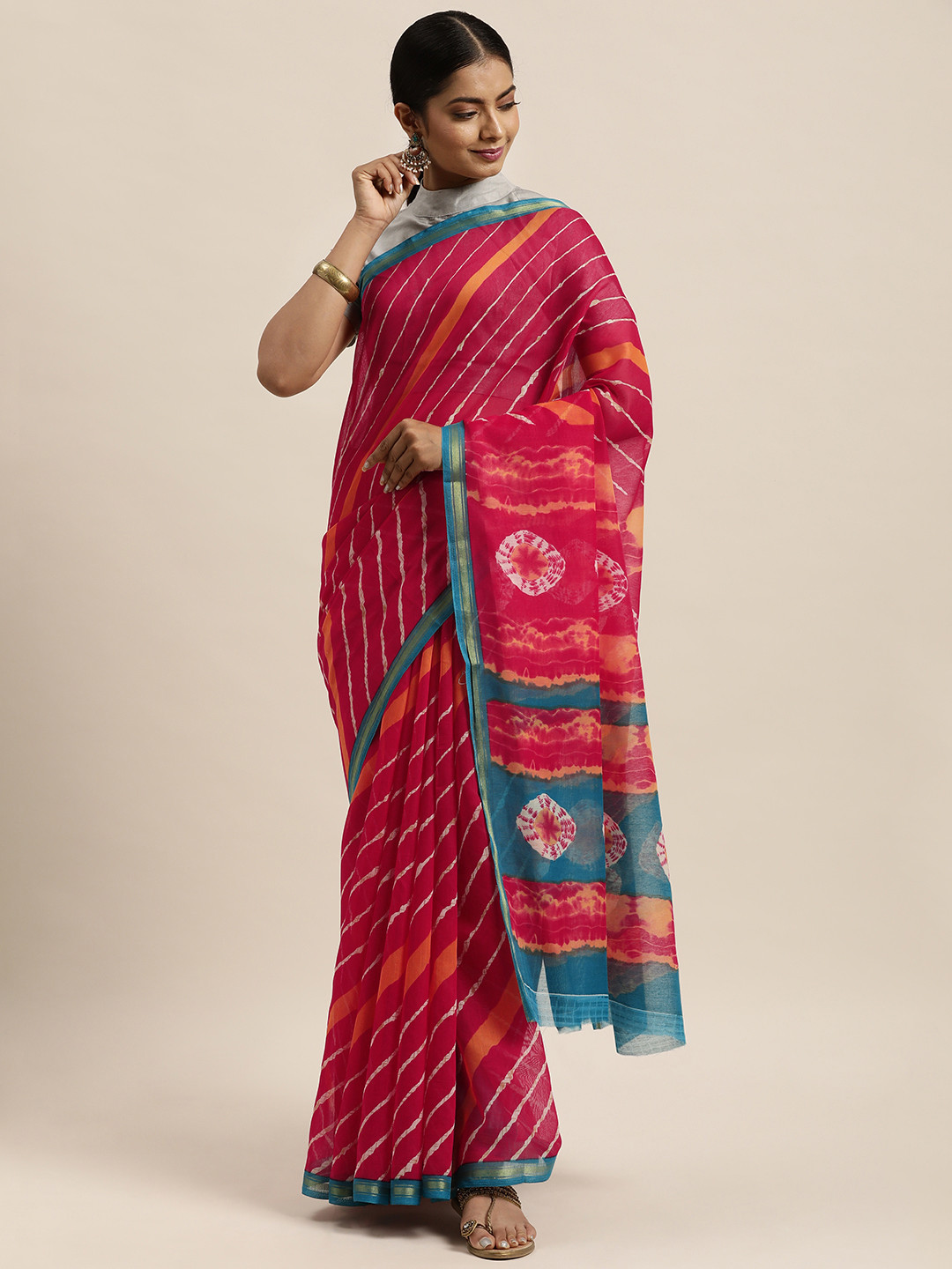 

aamna Pink & Blue Leheriya Silk Cotton Saree