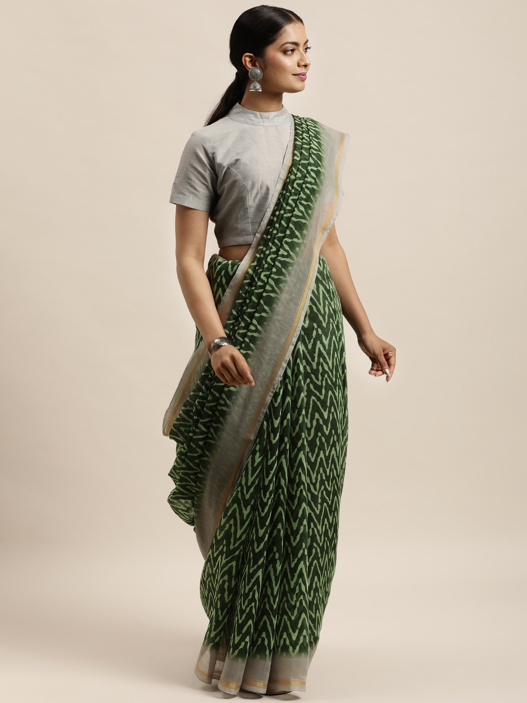 

aamna Green Silk Cotton Printed Sustainable Ikat Saree