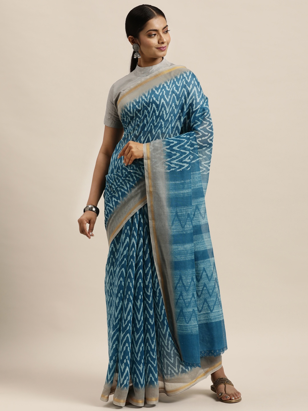 

aamna Blue Silk Cotton Printed Sustainable Ikat Saree